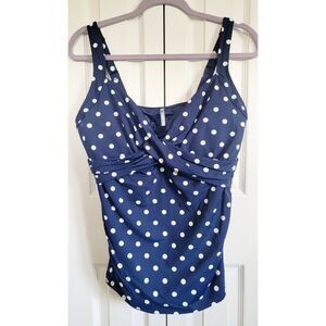 Lands' End Swim Top Navy 12DD Halter Tankini Polka Dot Underwire Bra Nip‎ Tuck